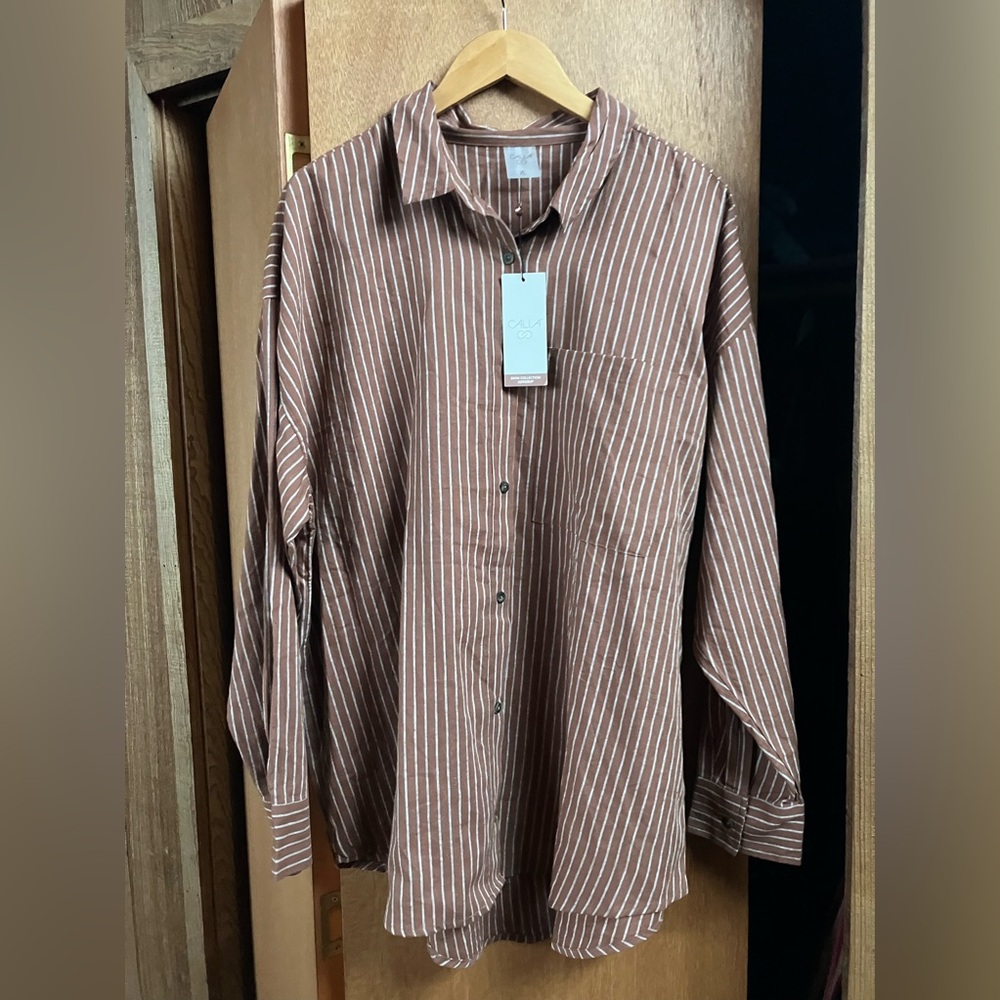 Calia (Size XL) Oversize Sleeve Button Down Top Coverup Linen Blend